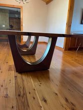 Load image into Gallery viewer, Live Edge Pin Oak Table with Black Walnut + Brass Inlay Base
