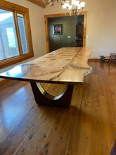 Load image into Gallery viewer, Live Edge Pin Oak Table with Black Walnut + Brass Inlay Base
