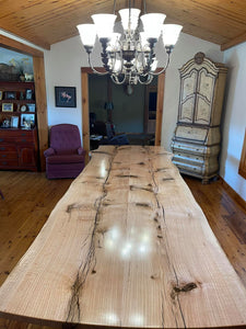 Live Edge Pin Oak Table with Black Walnut + Brass Inlay Base