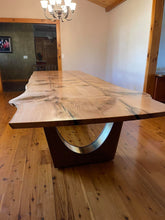 Load image into Gallery viewer, Live Edge Pin Oak Table with Black Walnut + Brass Inlay Base
