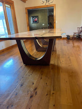 Load image into Gallery viewer, Live Edge Pin Oak Table with Black Walnut + Brass Inlay Base
