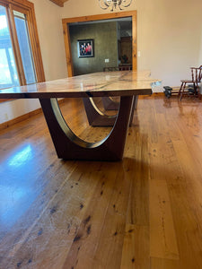 Live Edge Pin Oak Table with Black Walnut + Brass Inlay Base