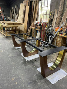 Live Edge Pin Oak Table with Black Walnut + Brass Inlay Base