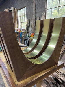 Live Edge Pin Oak Table with Black Walnut + Brass Inlay Base